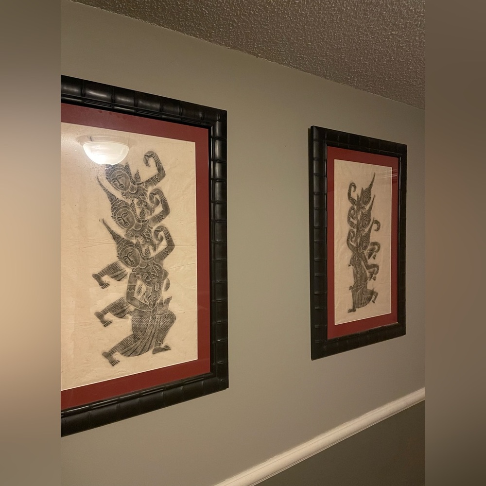 Antique Vintage Thai Temple Charcoal Rubbings-One Of A Kind Custom Framed